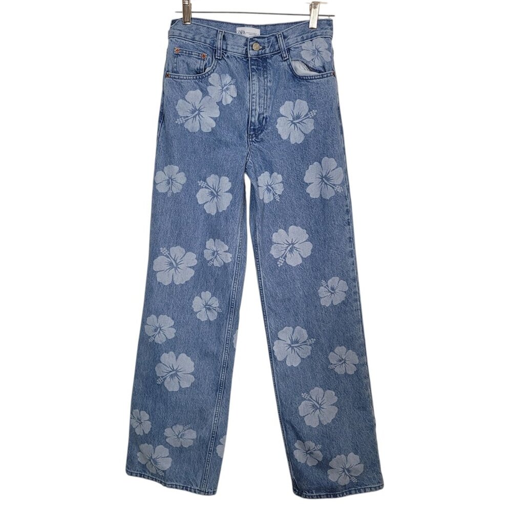 Zara Floral Printed Wide Leg Jeans Sz 4 Casual Trendy High Rise Light Wash - Picture 3 of 8